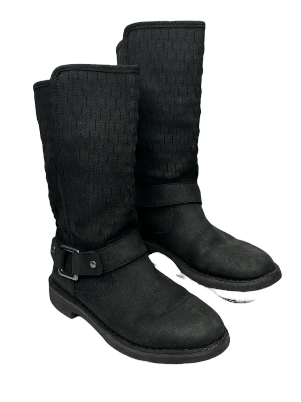 UGG Shani Leather Boots Womens Size 9 Black Slip On Mid Calf Boot Moto